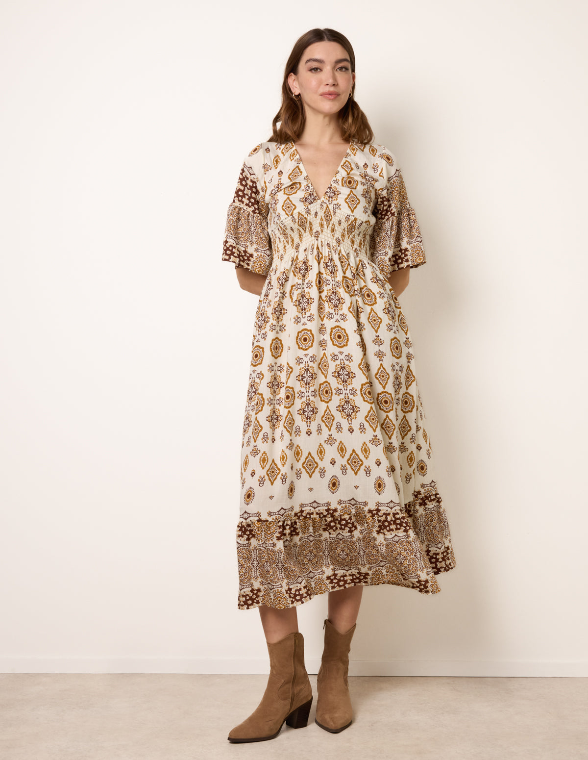 V Neck Border Print Dress - S BROWN
