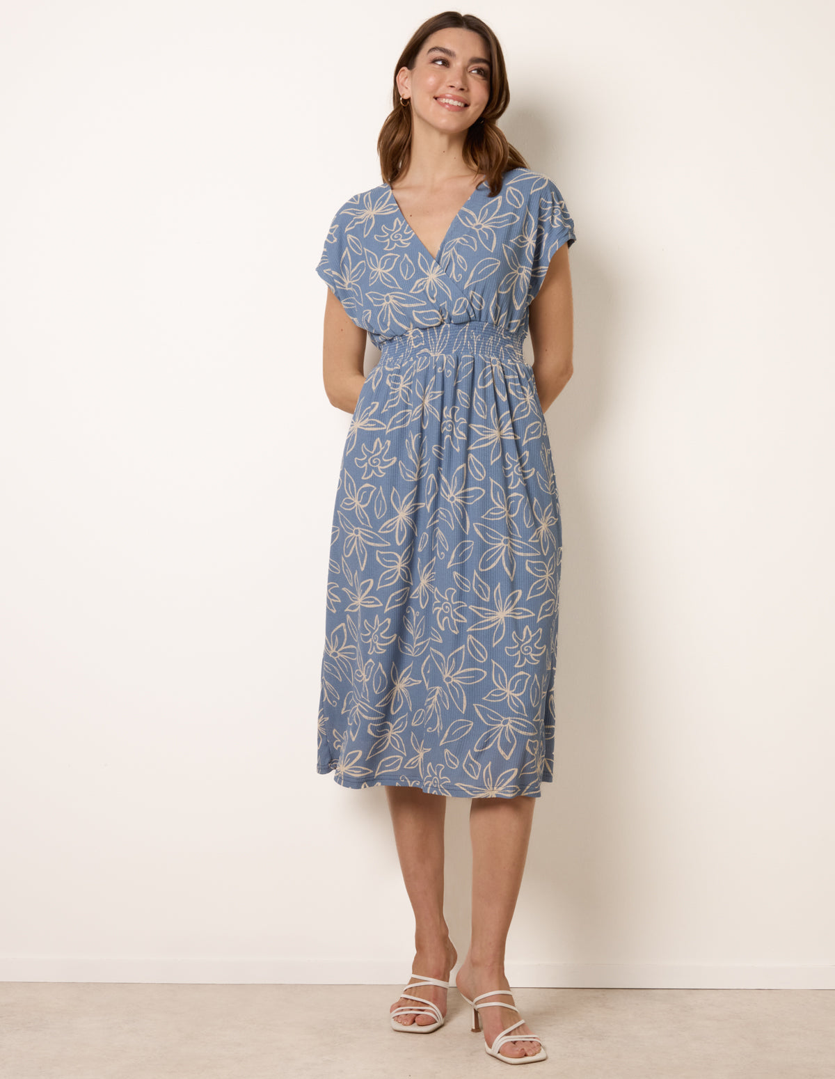 Floral Wrap Front Elasticated Waist Midi Dress - L BLUE