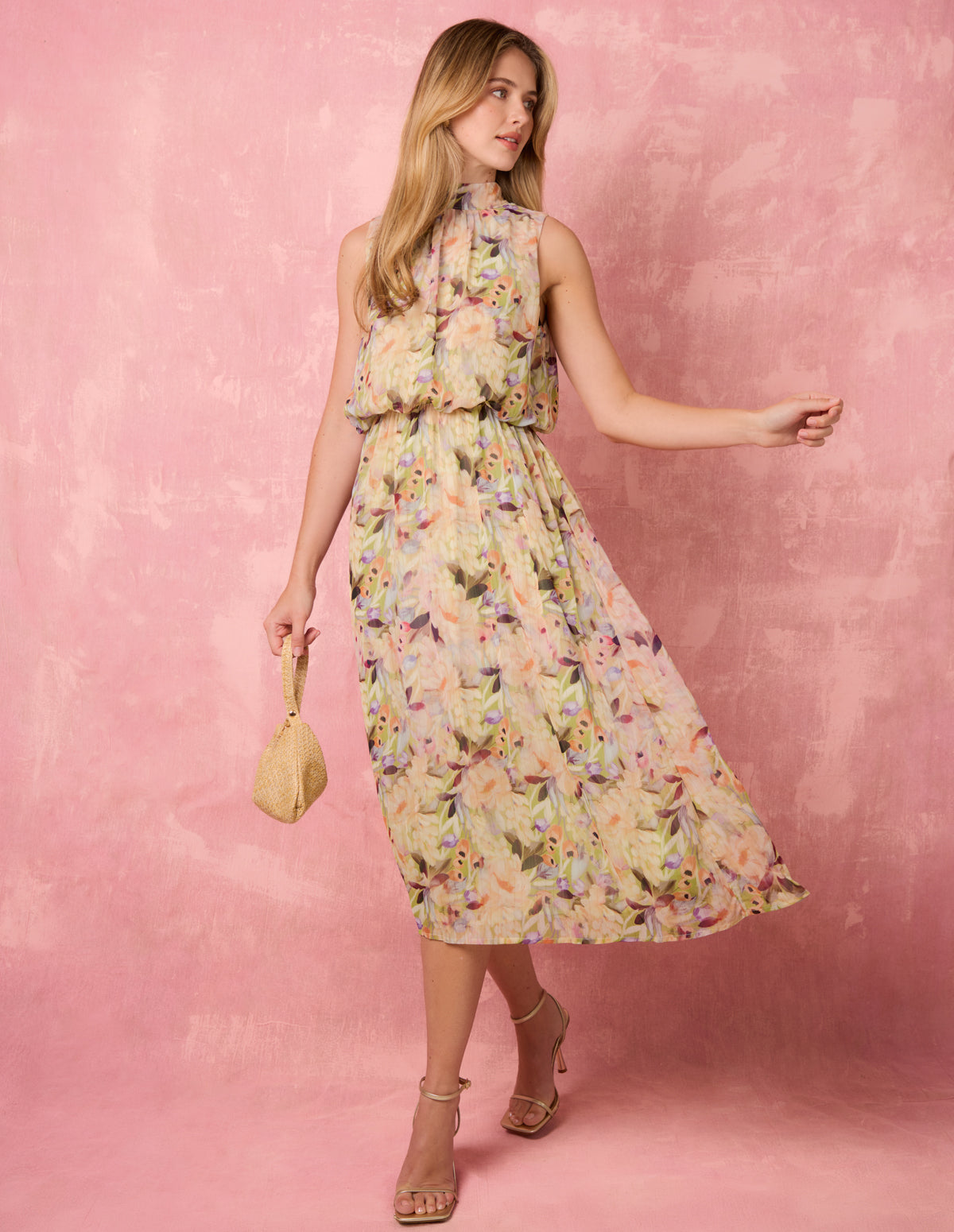 Watercolour Printed Sleeveless Midi Dress - S GREEN