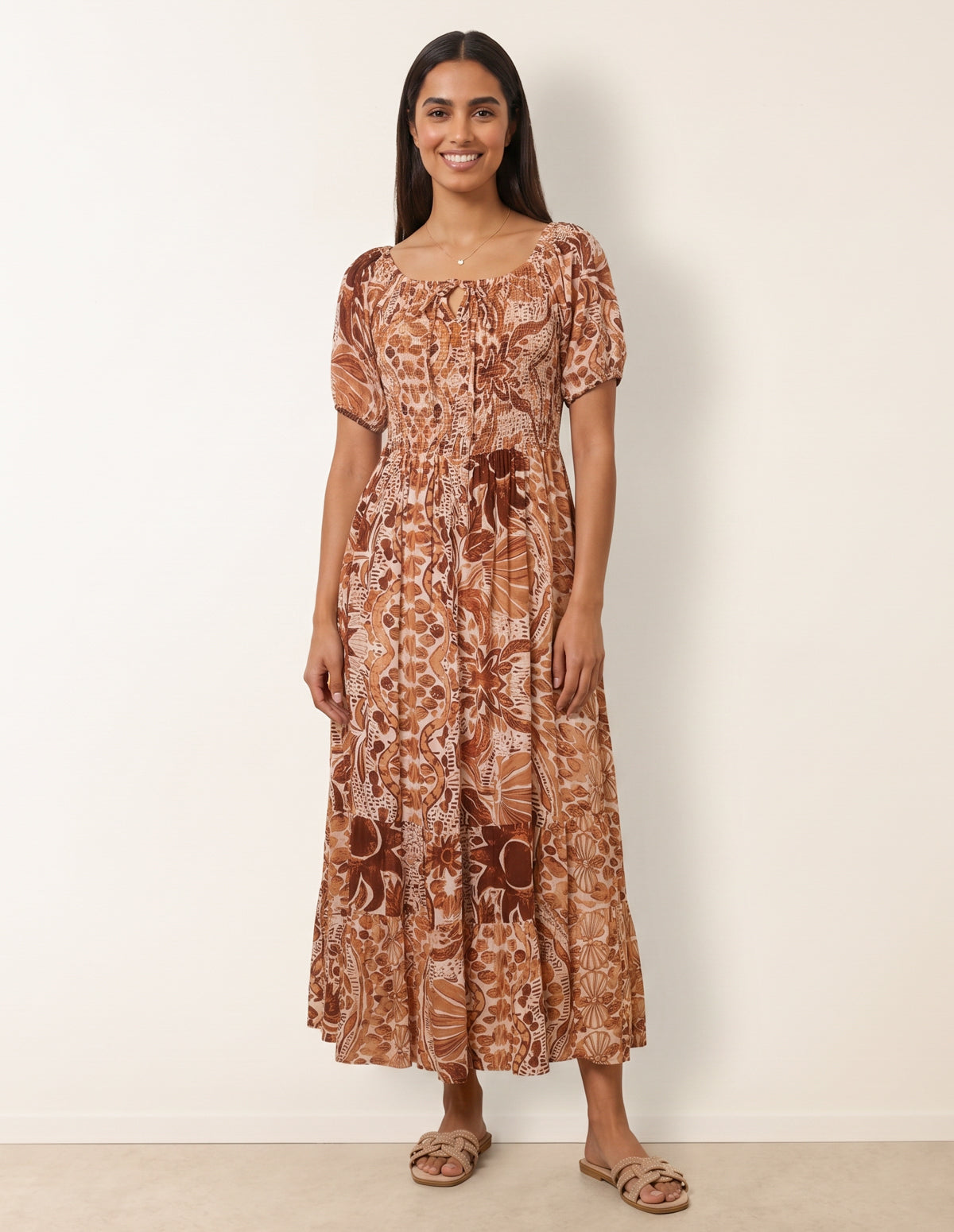 Tie Front Shirred Midi Dress - M BROWN