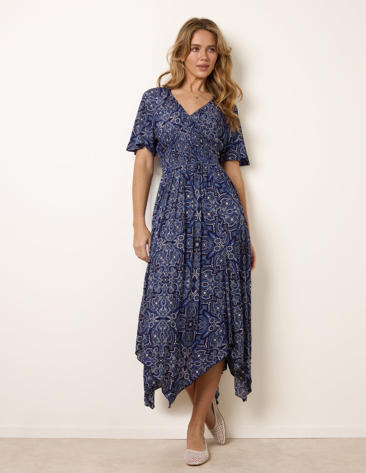 Shirred Waist Hanky Hem Paisley Print Dress - ML NAVY