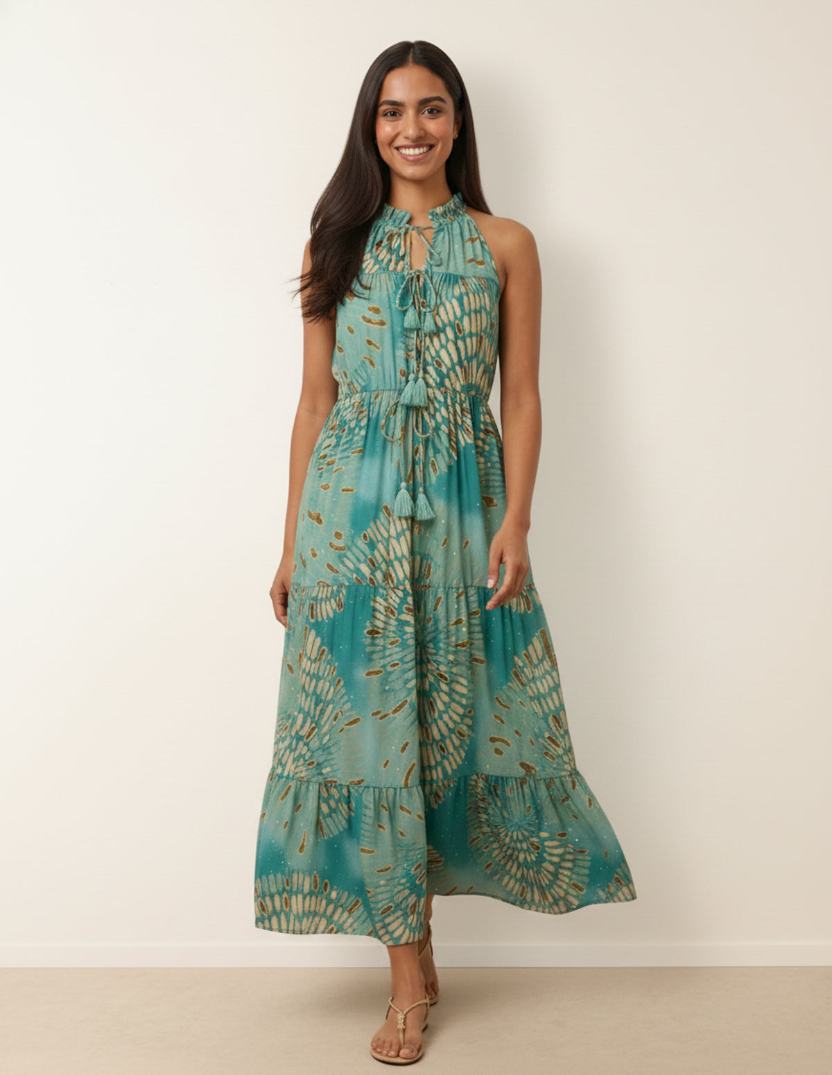 Diamante Tiered Tie Front Dress - L AQUA