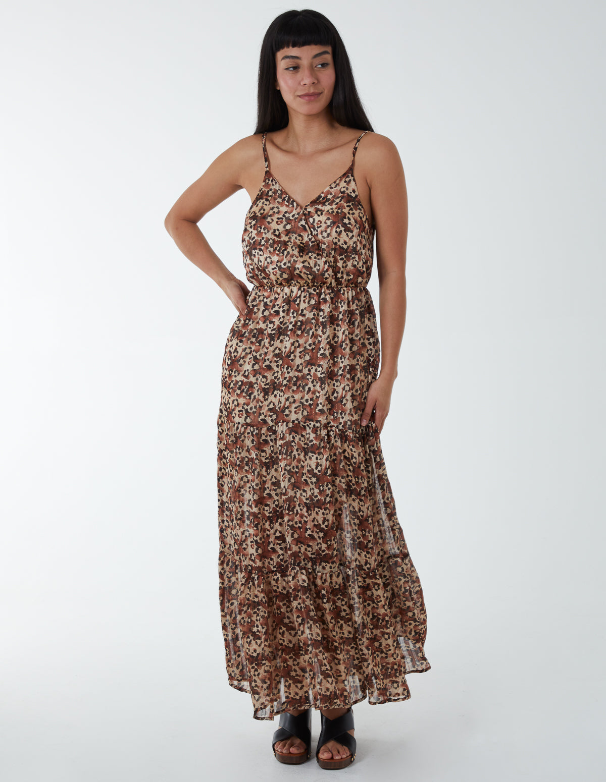 Soft Animal Print Wrap Dress - BROWN