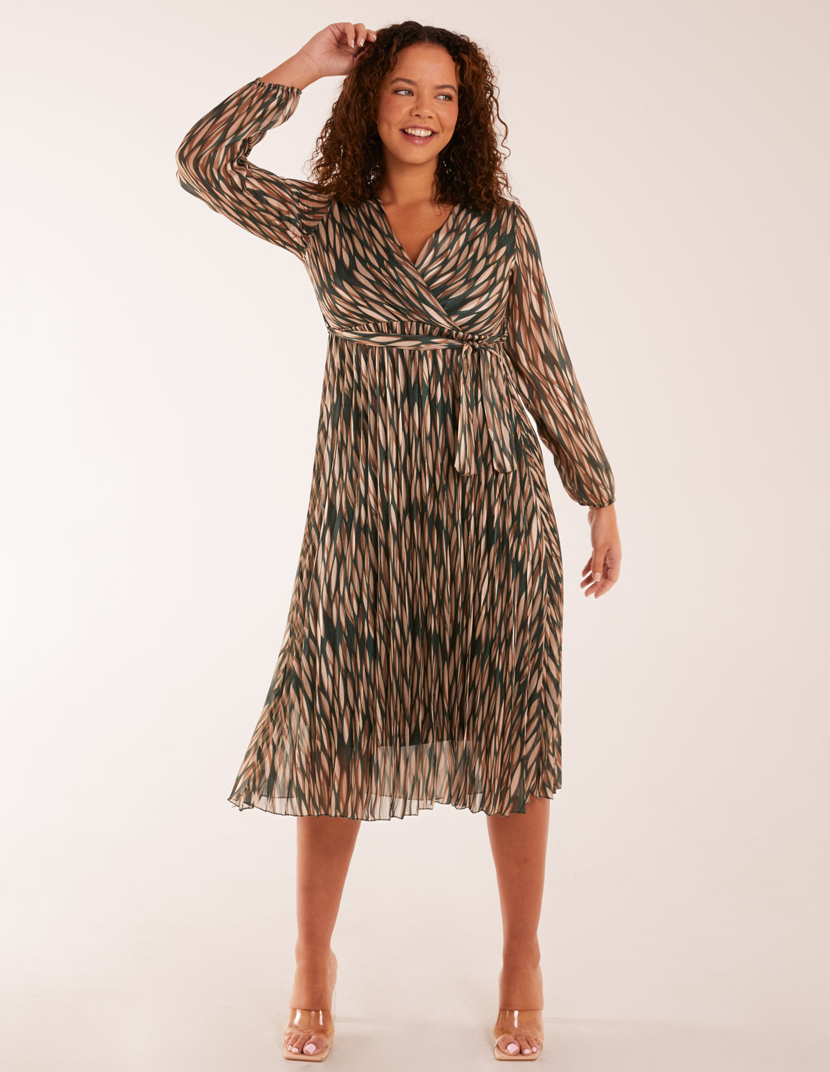 Wrap Over Metallic Vertical Print Dress - S Teal