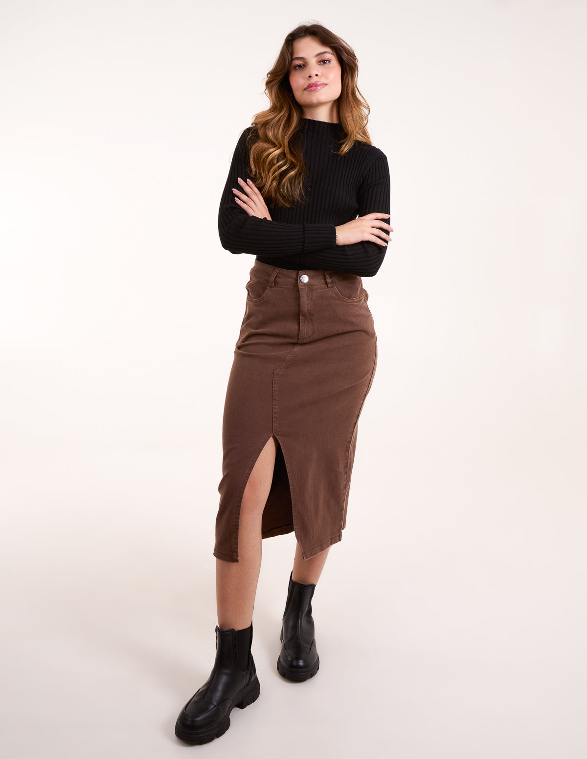 Acid Wash Denim Mid Skirt - BROWN