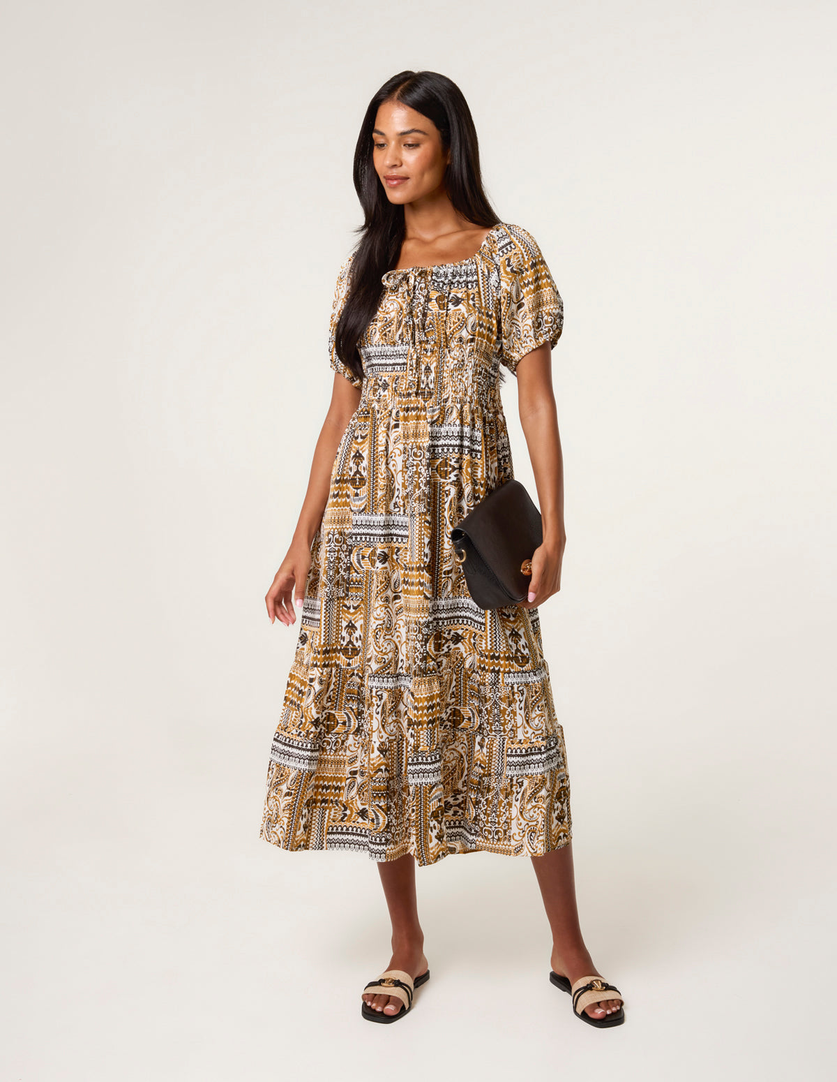 Scoop Neck Paisley Dress - L YELLOW