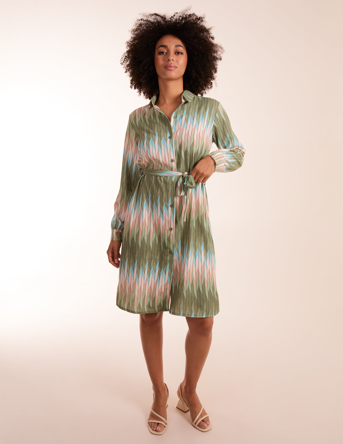 Zig Zag Print Shirt Dress - S KHAKI