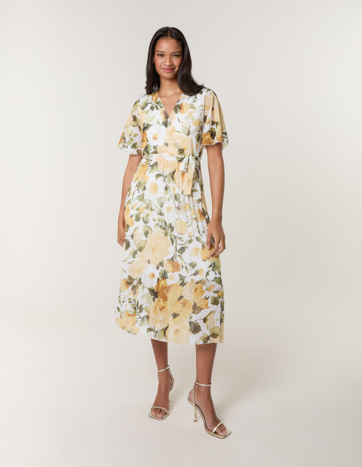 Short Sleeve Wrap Pleat Dress - S YELLOW