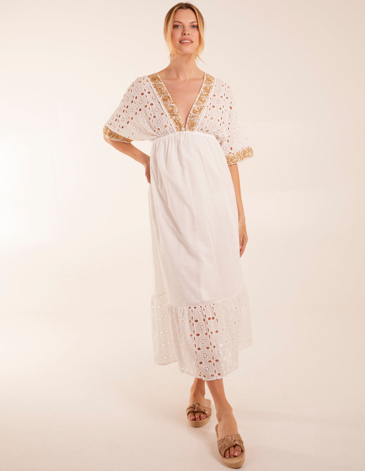 Broderie Anglaise V-Neck Short Sleeve Embellishment Detailing Dress - ML IVORY