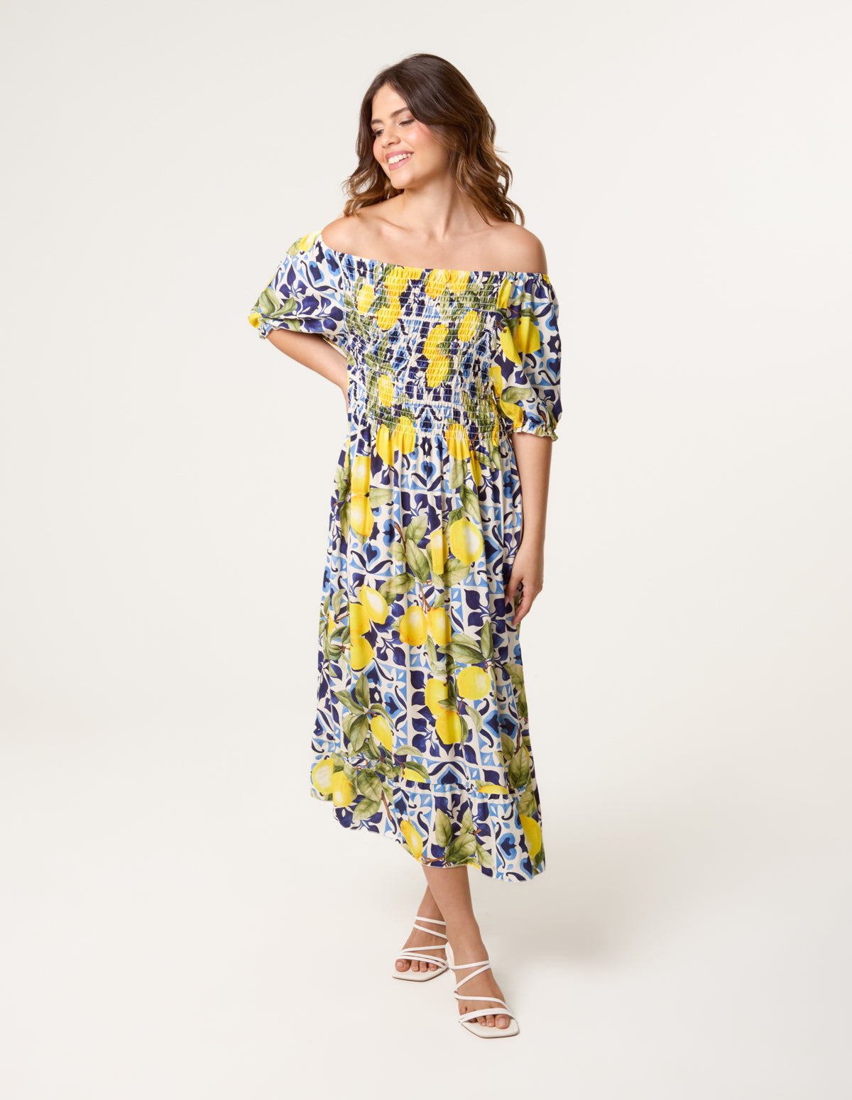 Lemon Print Milkmaid Dress - ML NAVY