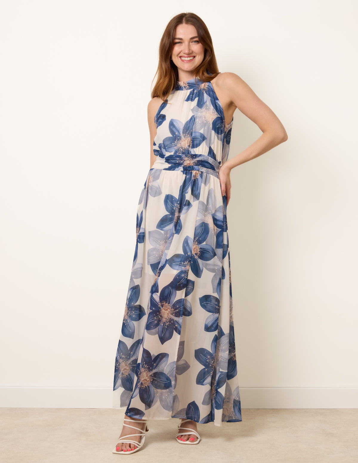 Floral Print Halter Neck Occasion Dress - M NAVY