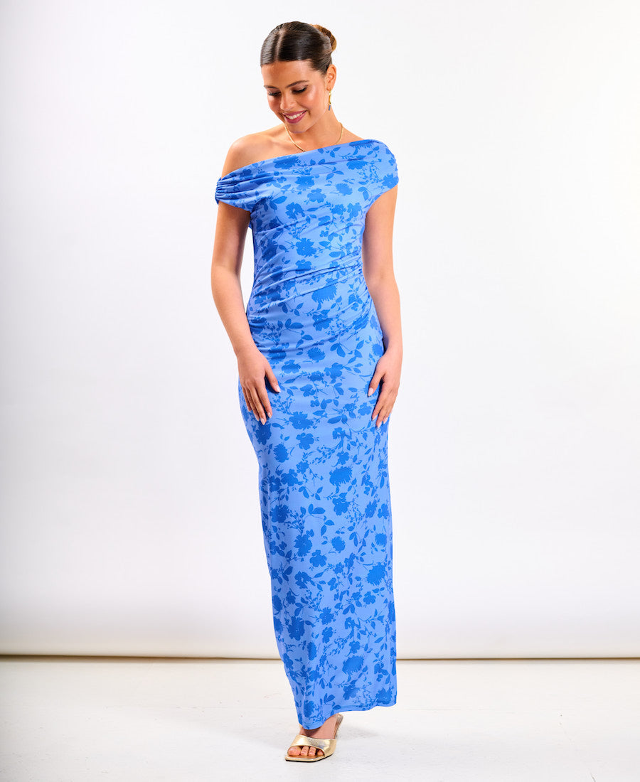 Blue Floral Asymmetric Jersey Dress