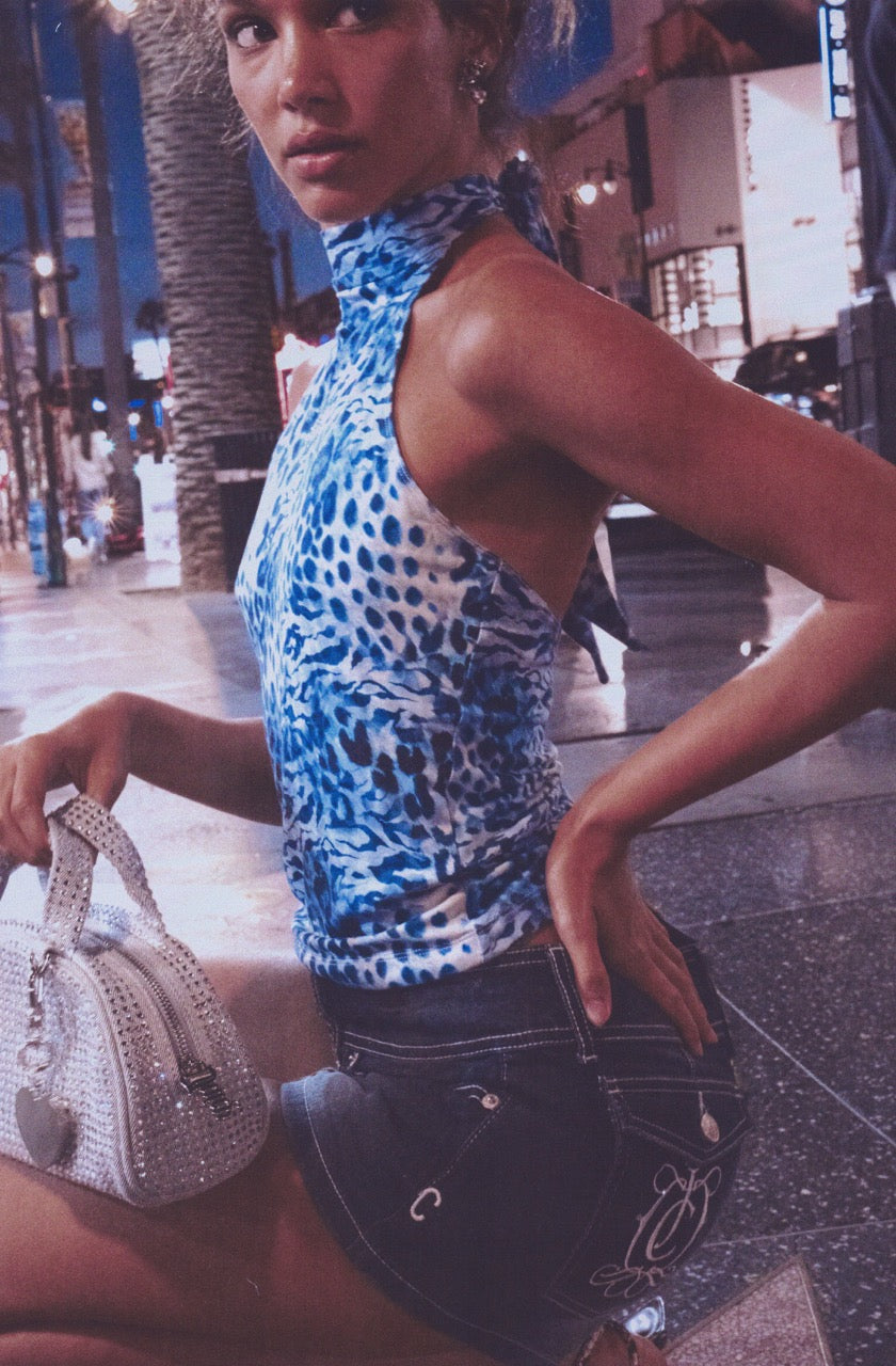 BLUE LEOPARD PRINT JERSEY HALTER NECK TOP - X Blue