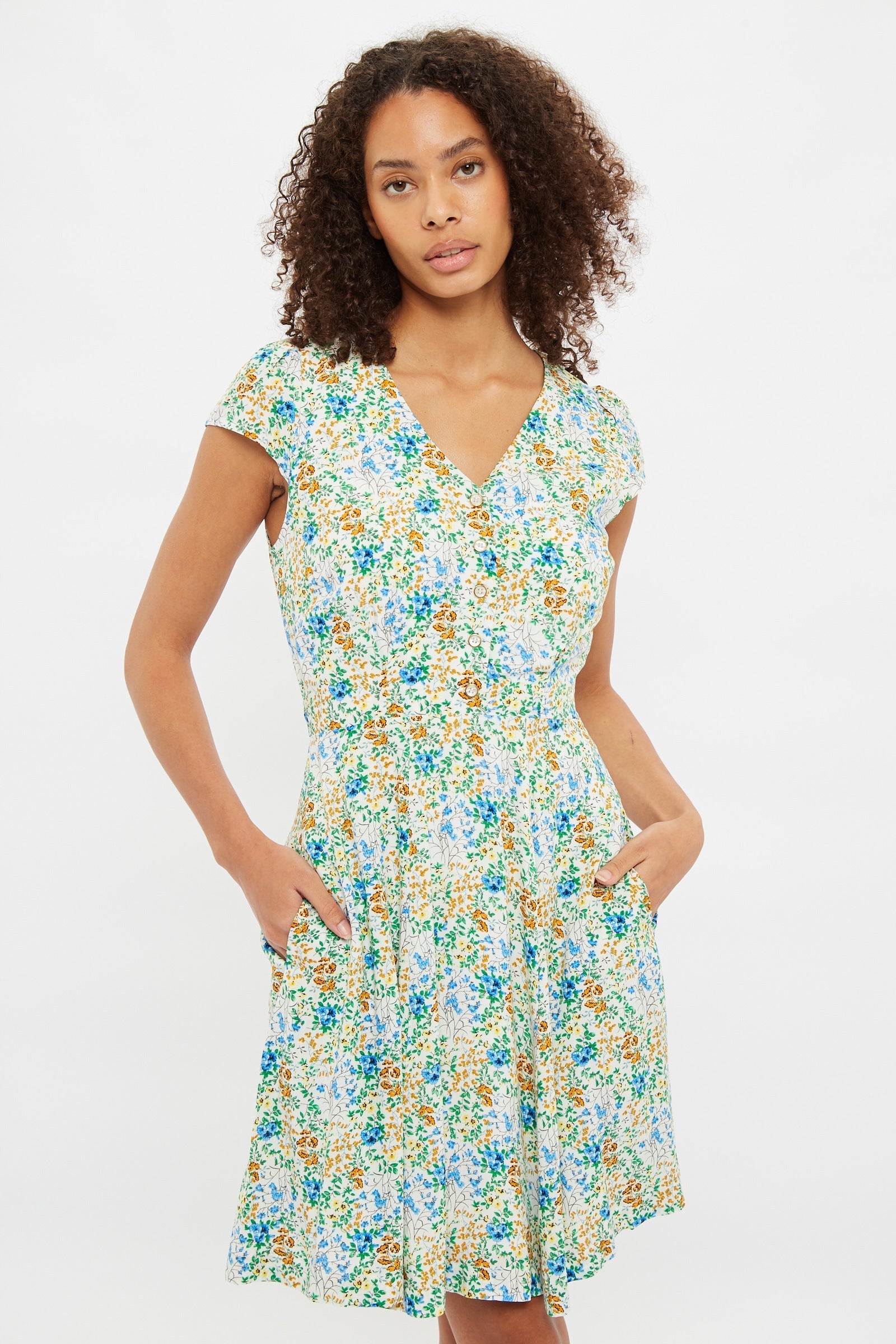 Louche Cathleen Mini Flower Show Print Mini Tea Dress - Off White