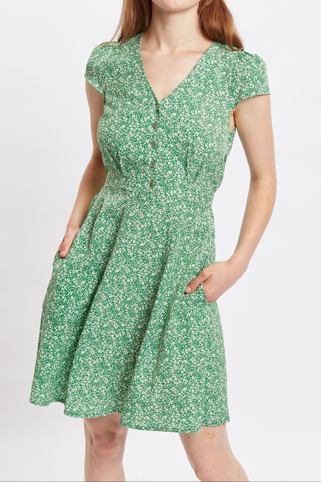 Louche Cathleen Micro Flower Print Mini Tea Dress - Green - Green