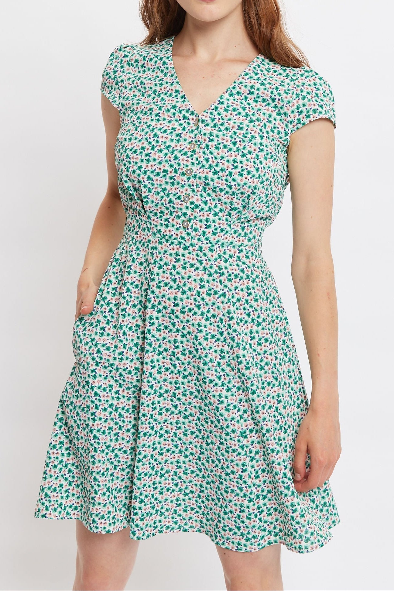 Louche Cathleen Mint Blossom Print Mini Tea Dress - GreenPink