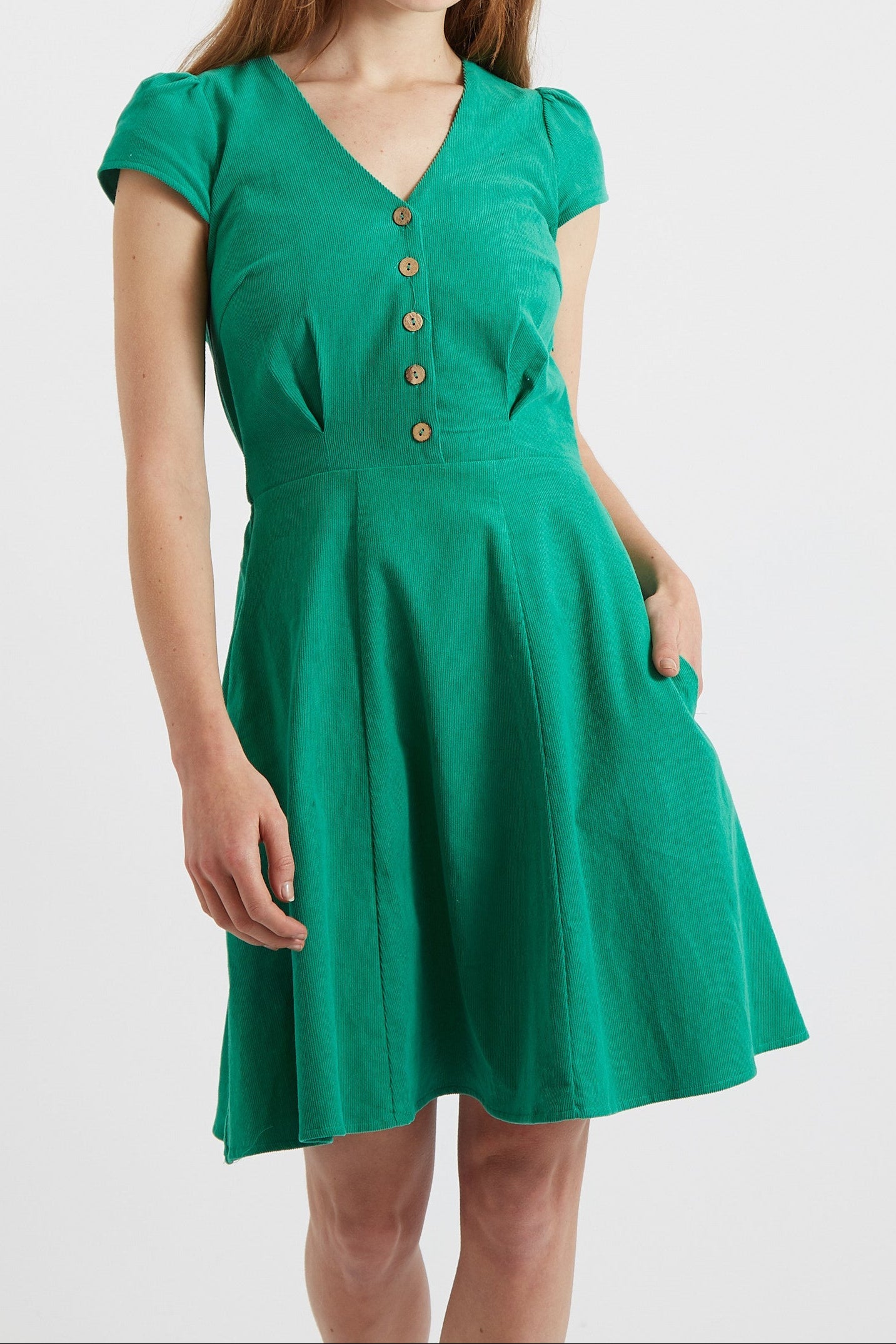 Louche Cathleen Green Mini Baby Cord Tea Dress - GreenBlack