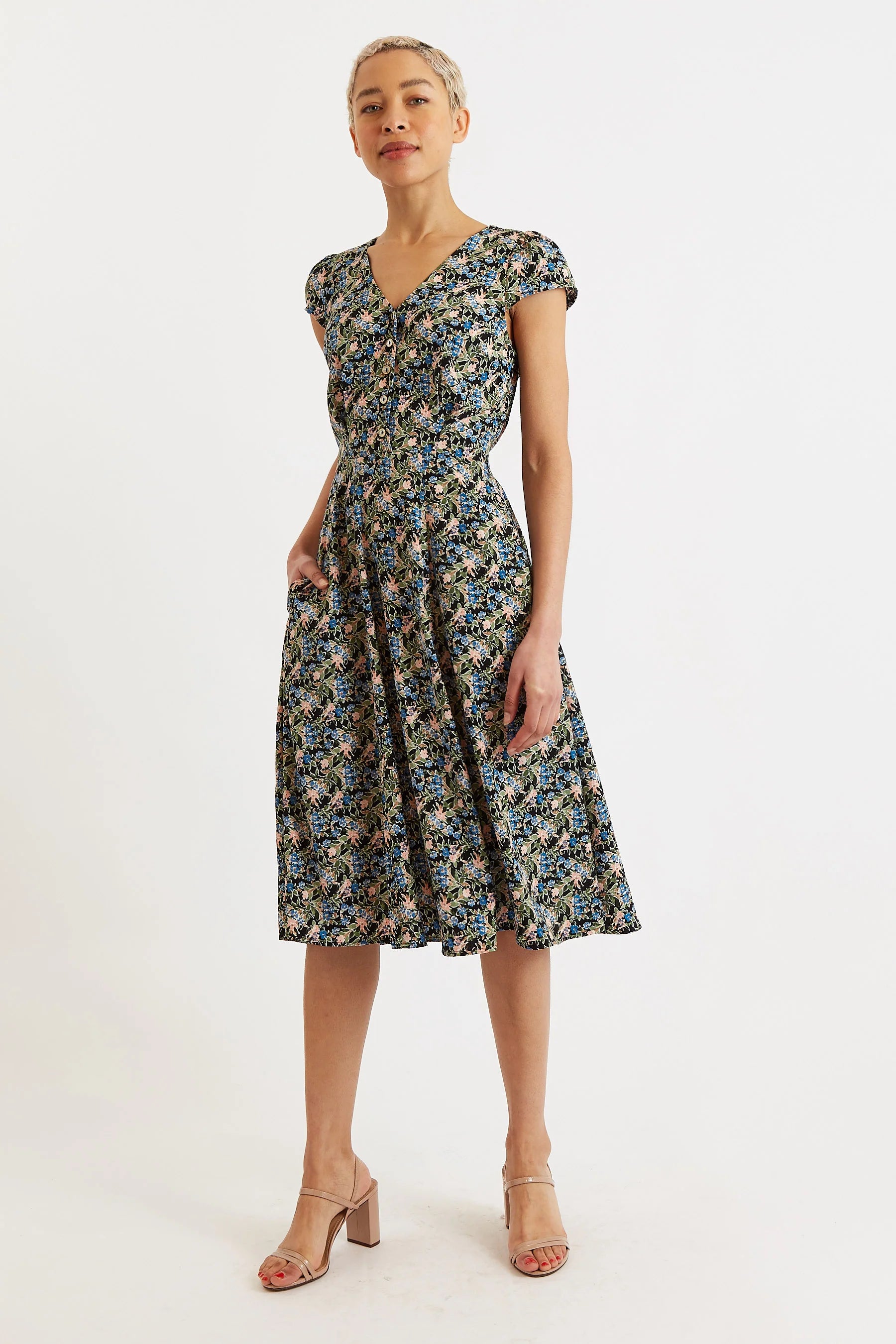 Cathleen Midi Watercolour Floral Tea Dress - Multi Colour
