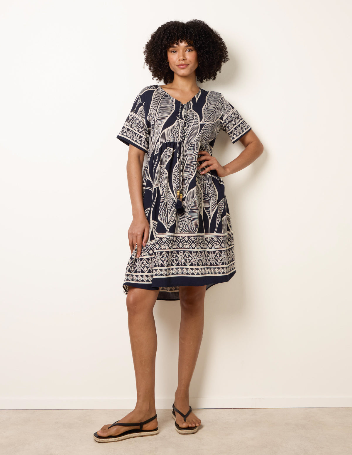 Dress With Tropical Leaf Print - SM NAVY