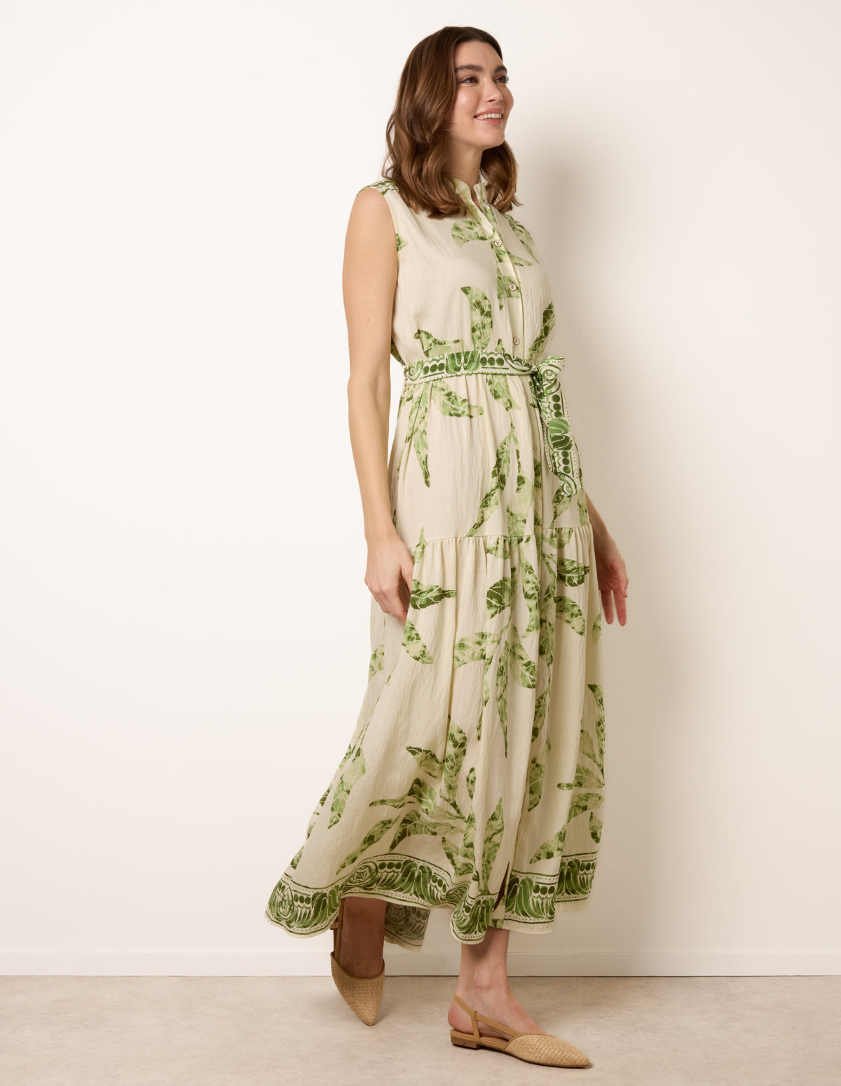 Leaf Print Collarless Shirt Dress With Belted Waist - SM GREEN