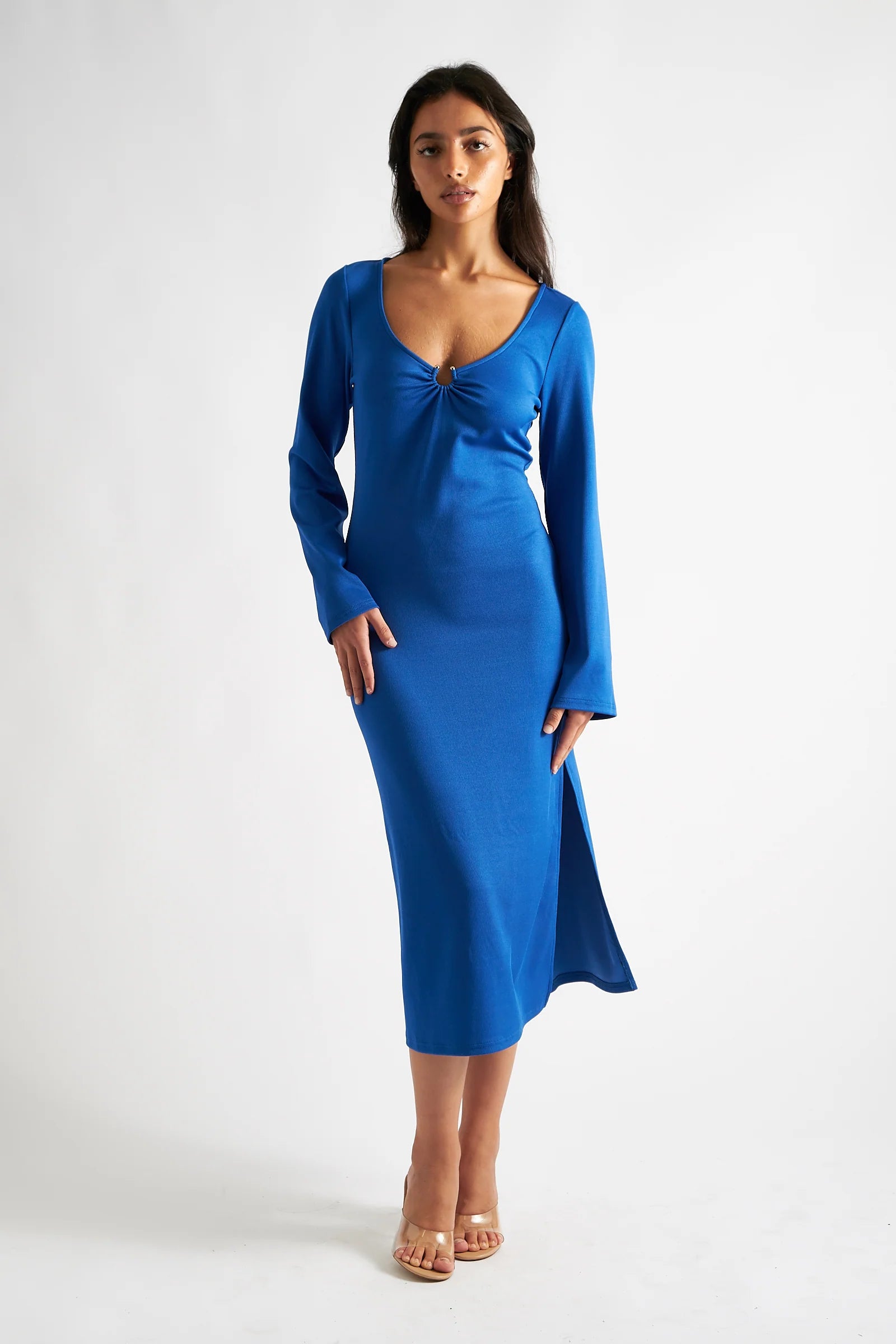 Charley Blue Fine Rib Bodycon Midi Dress - Blue