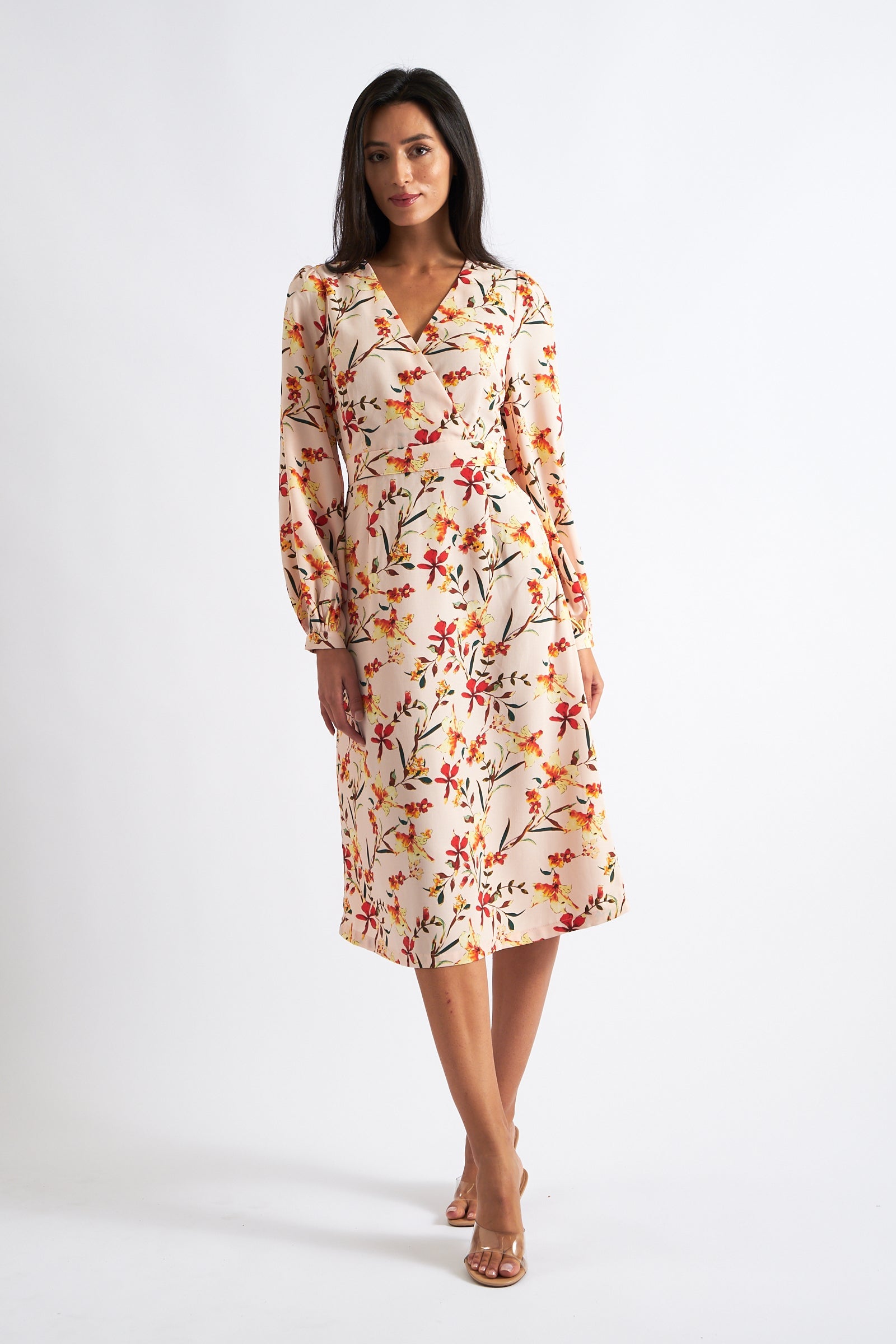 Cinnamon Flower Print Midi Wrap Dress - Beige