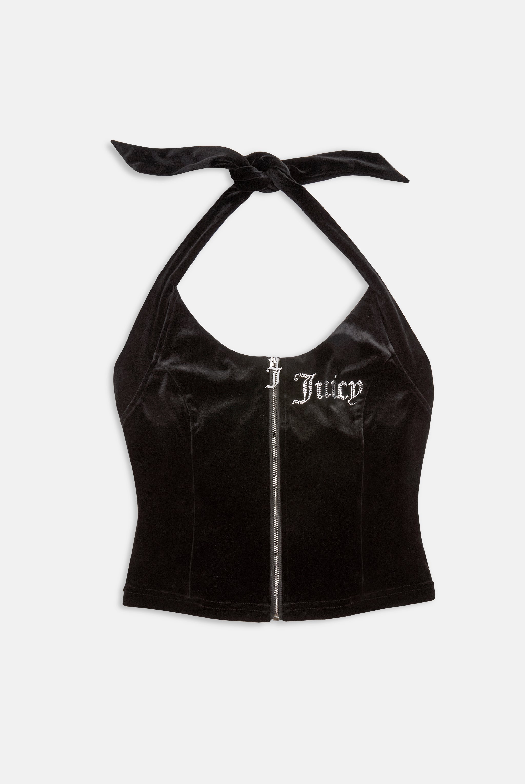 BLACK CLASSIC VELOUR ZIP UP HALTER NECK TOP - M Black