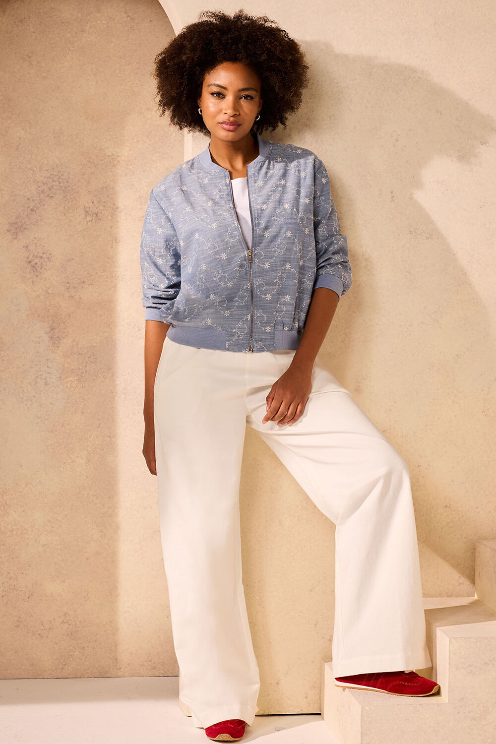 Bonmarche Blue Embroidered Lightweight Bomber Jacket, Size: