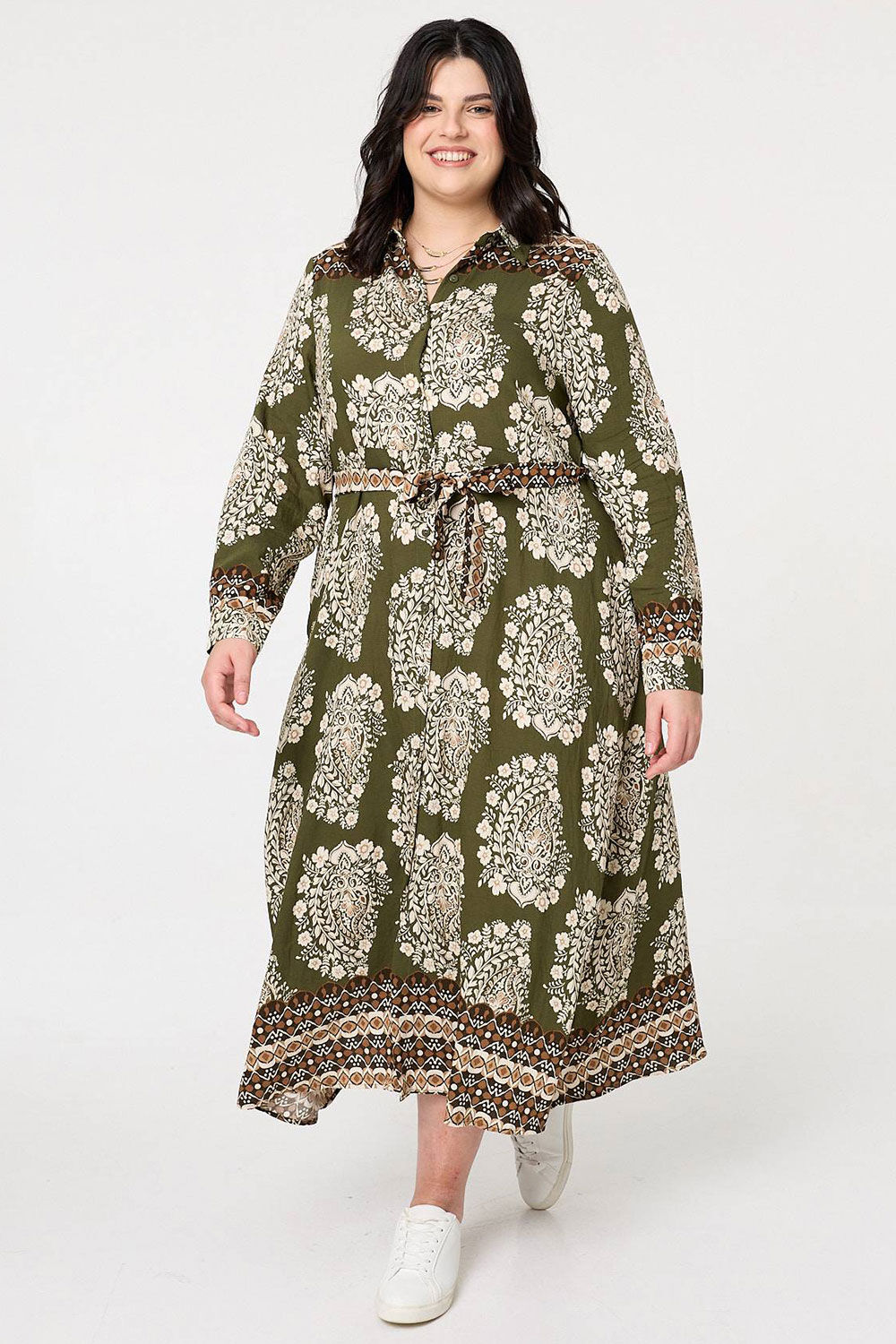 Izabel London Curve - Printed Tie Waist Maxi Shirt Dress