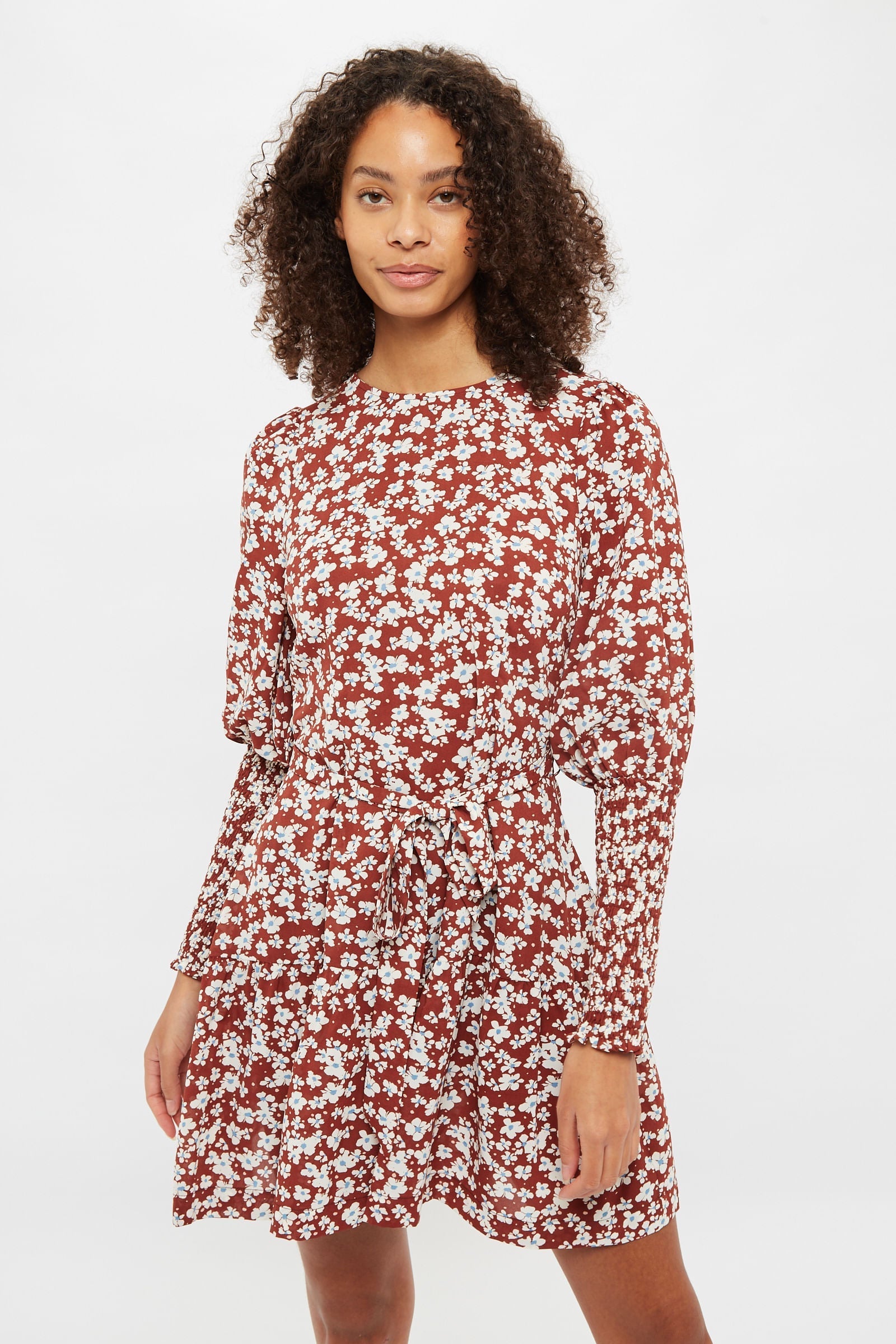 Louche Daphne Pretty Woman Print Statement Sleeve Mini Dress - BrownWhite