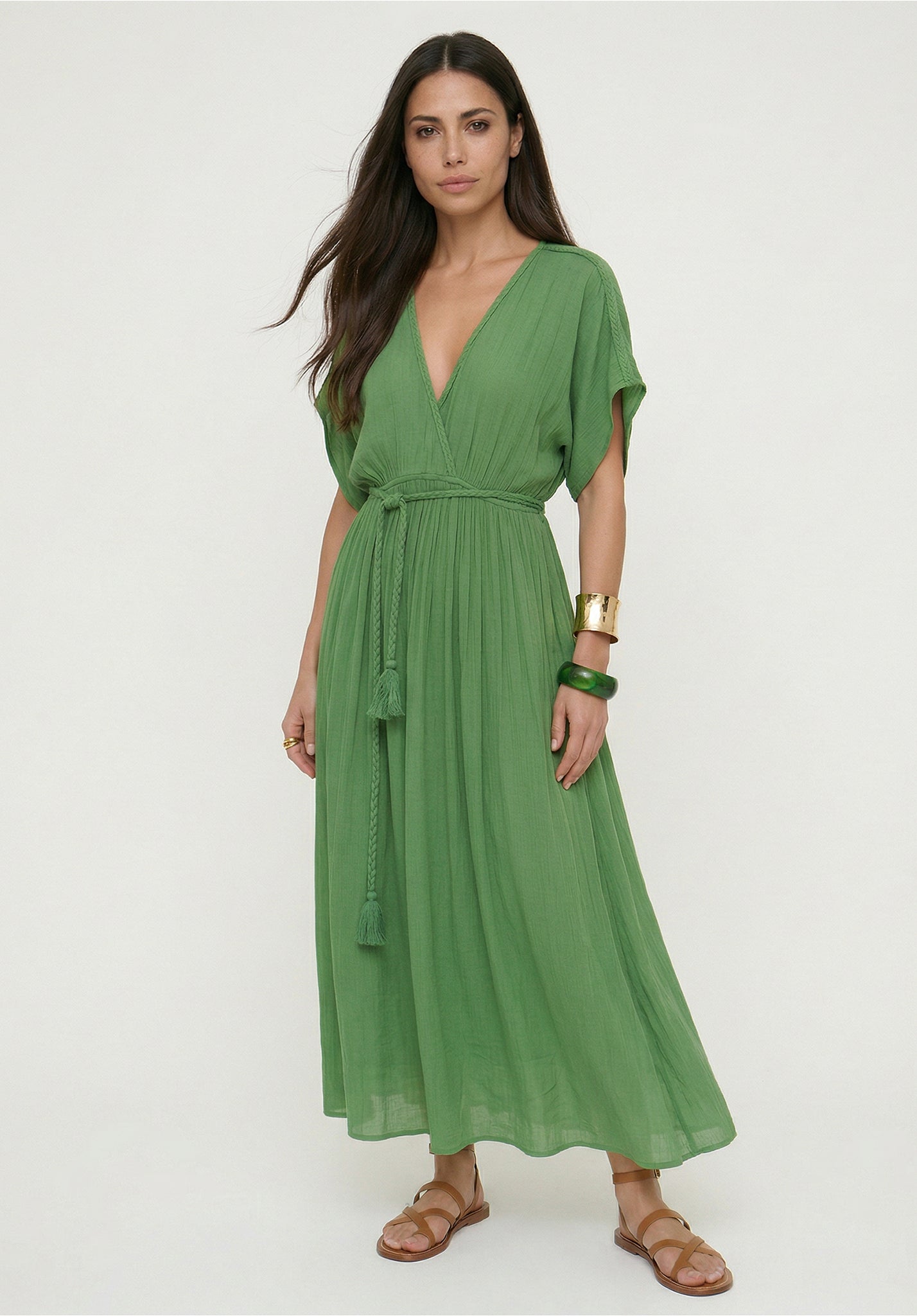 Diamond Plait Neck Maxi Dress In Green