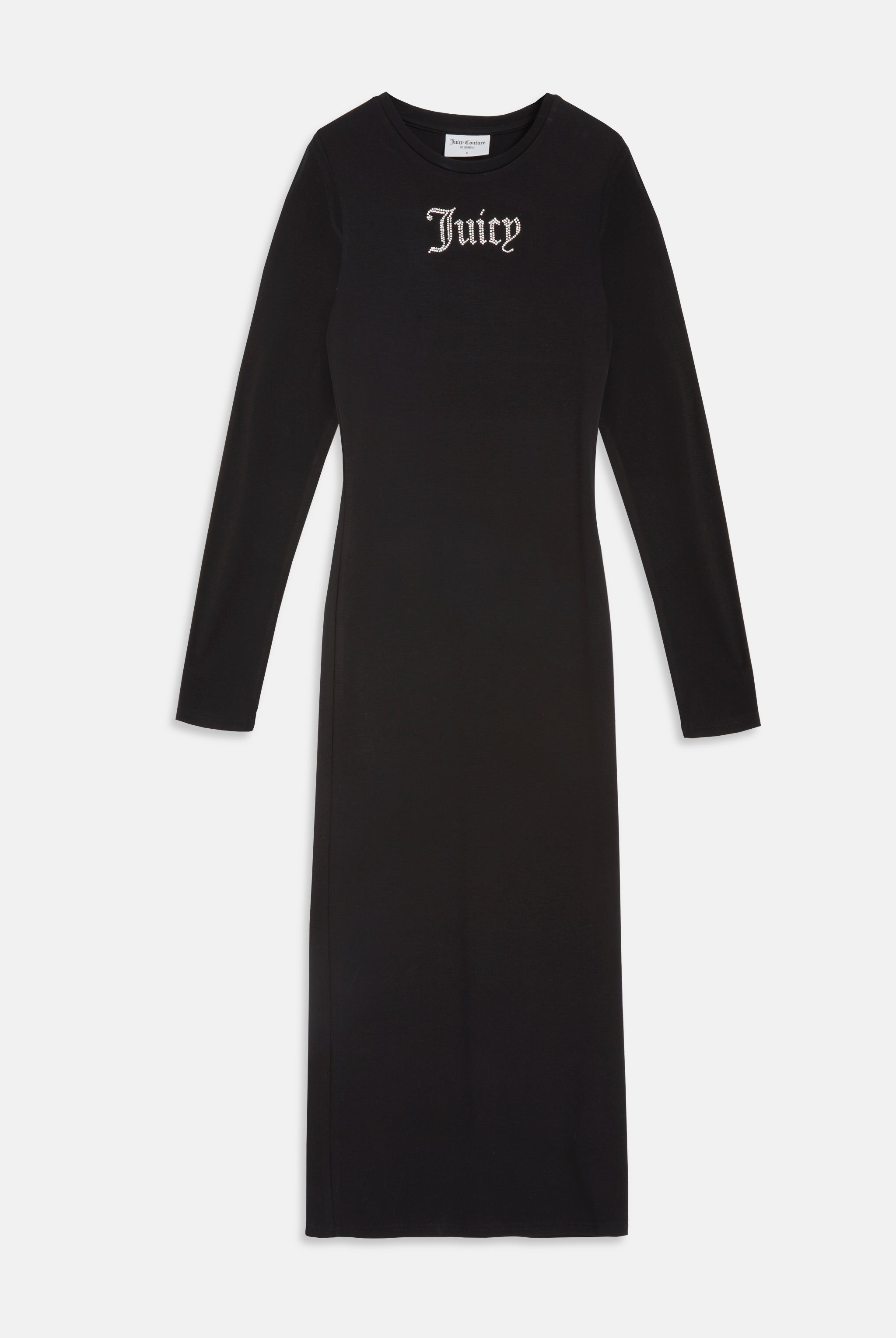 BLACK JERSEY DIAMANTÉ LONG SLEEVE MIDI DRESS - Black