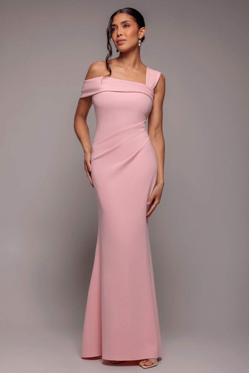 Goddiva Off The Shoulder Pleated Waist Maxi Dress