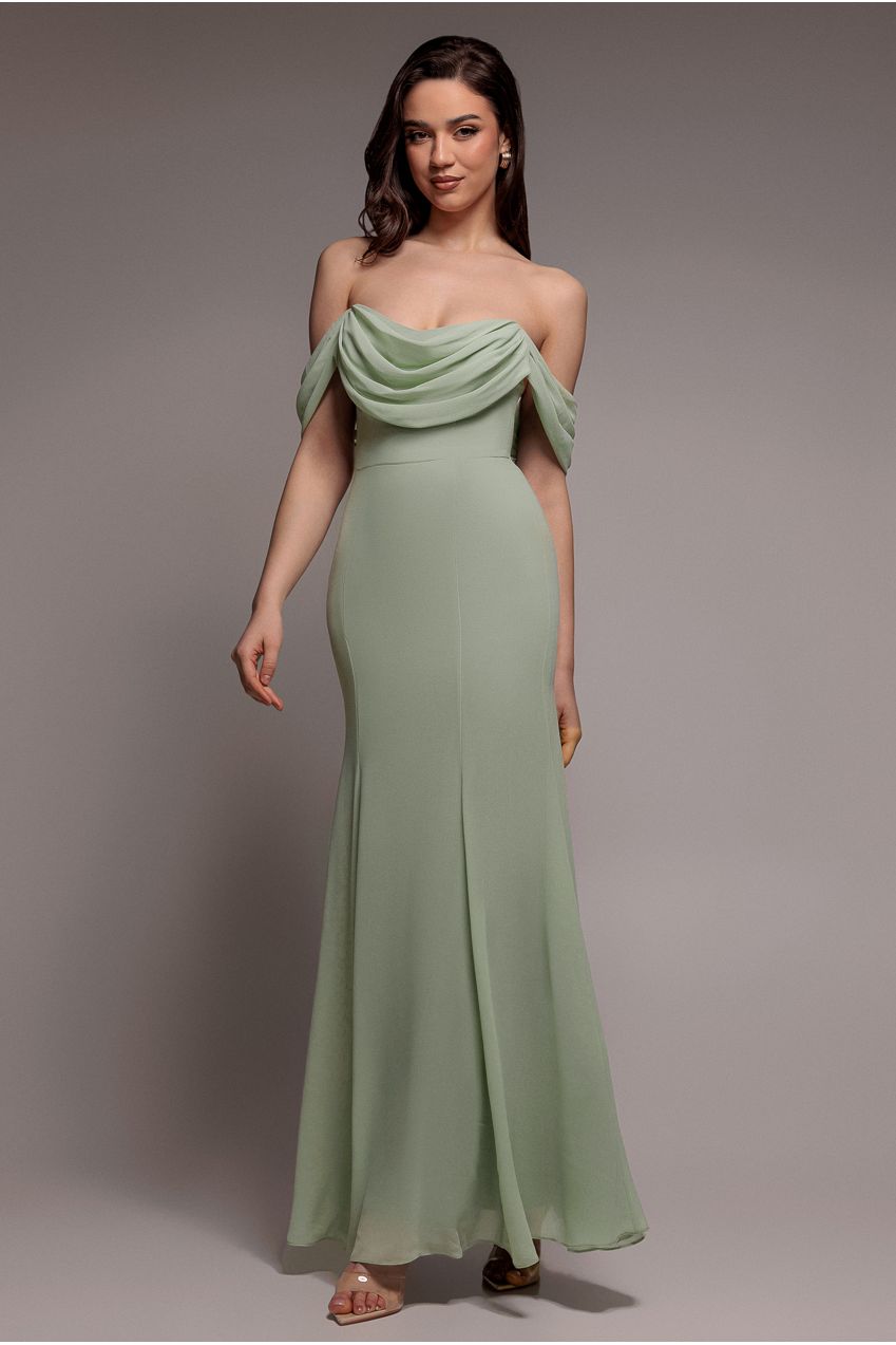 Goddiva Chiffon Bardot Cowl Neck Maxi Dress