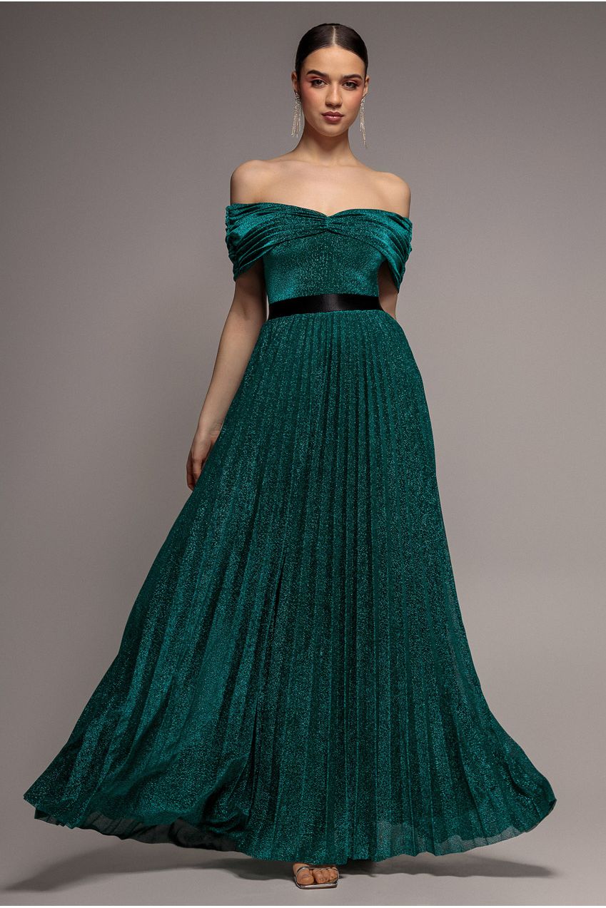 Goddiva Bardot Pleated Skirt Maxi Dress