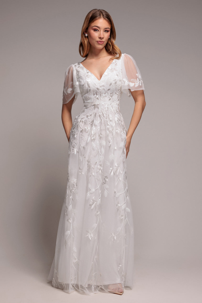 Goddiva Flared Sleeve Embroidered Maxi Dress