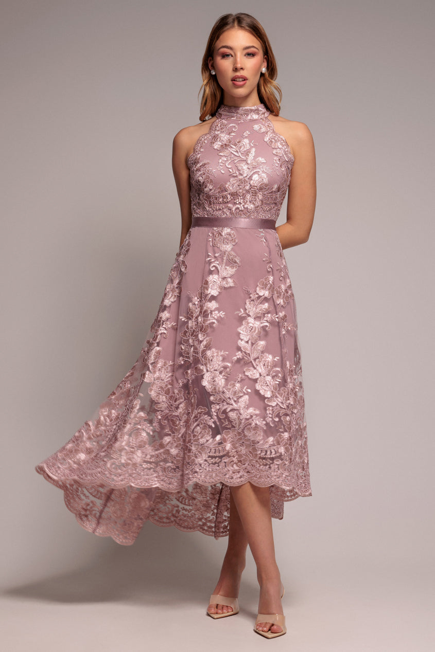 Goddiva Halter Neck Lace High And Low Dress