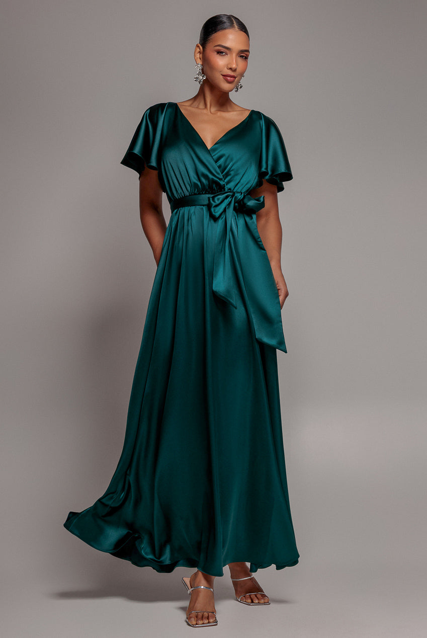 Goddiva Satin Flutter Sleeve Wrap Maxi Dress