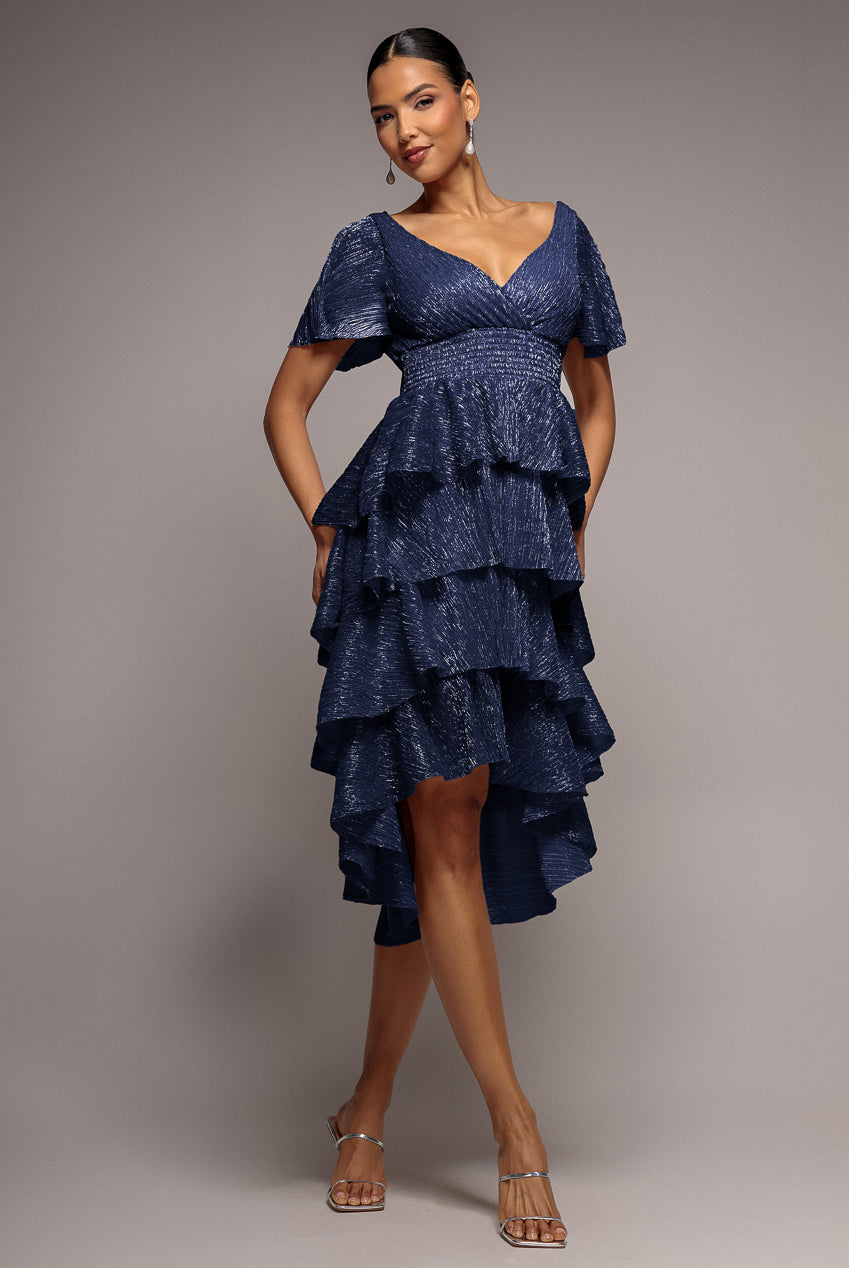 Goddiva Crinkle Lurex High Low Layered Midi Dress