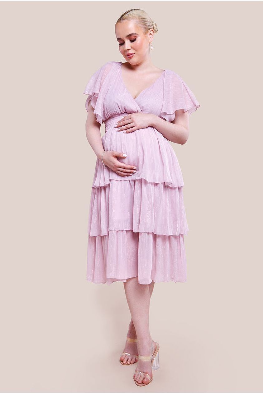 Goddiva Maternity Plain Lurex Chiffon Tiered Midi Dress