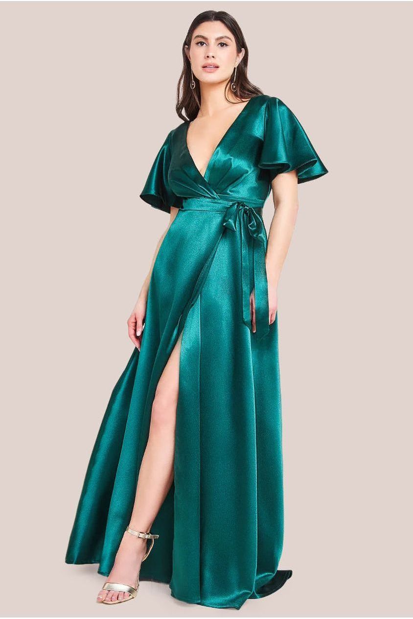 Goddiva Flutter Sleeve Wrapover Satin Maxi Dress