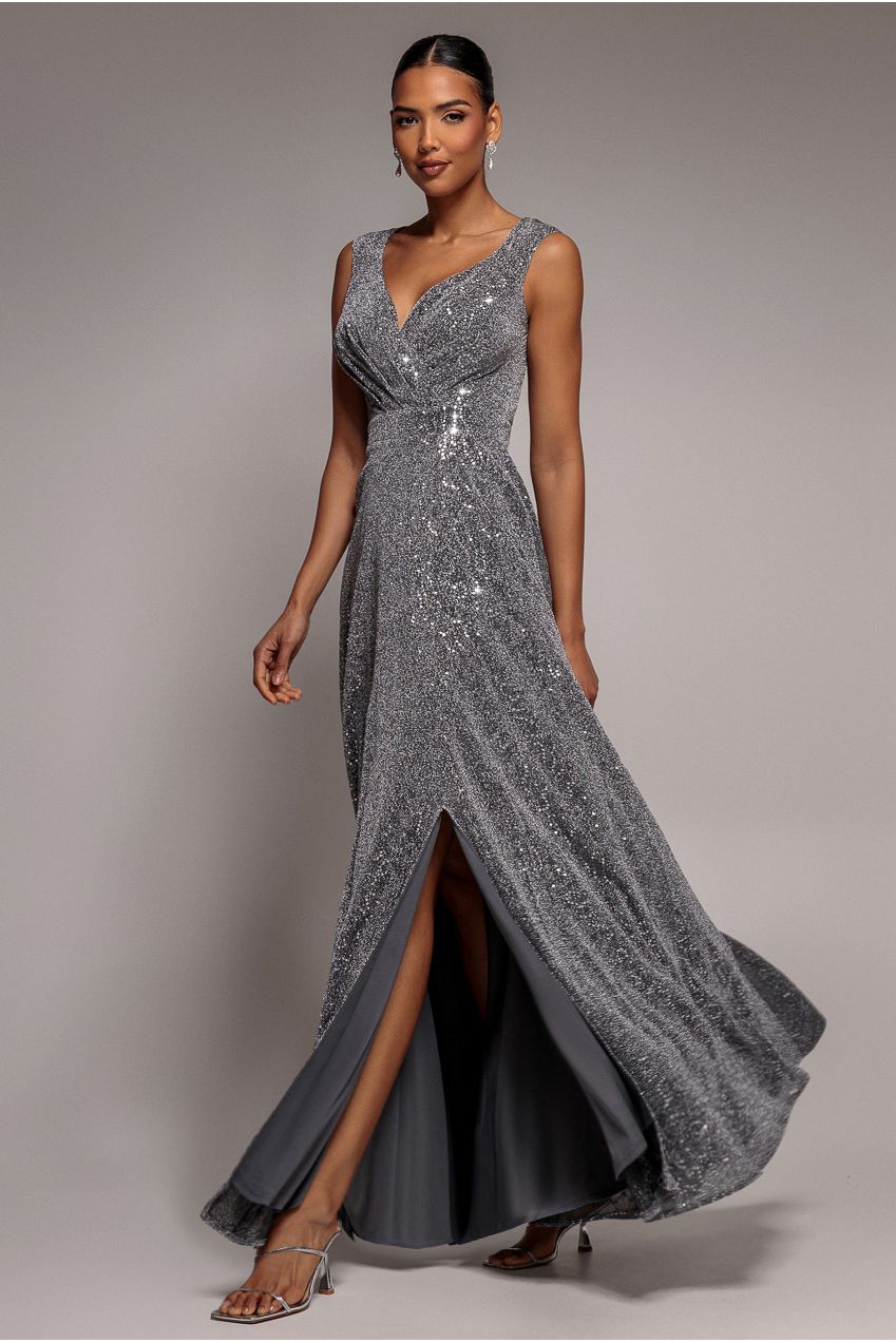 Goddiva Wrap Glitter Lurex Sleeveless Maxi Dress