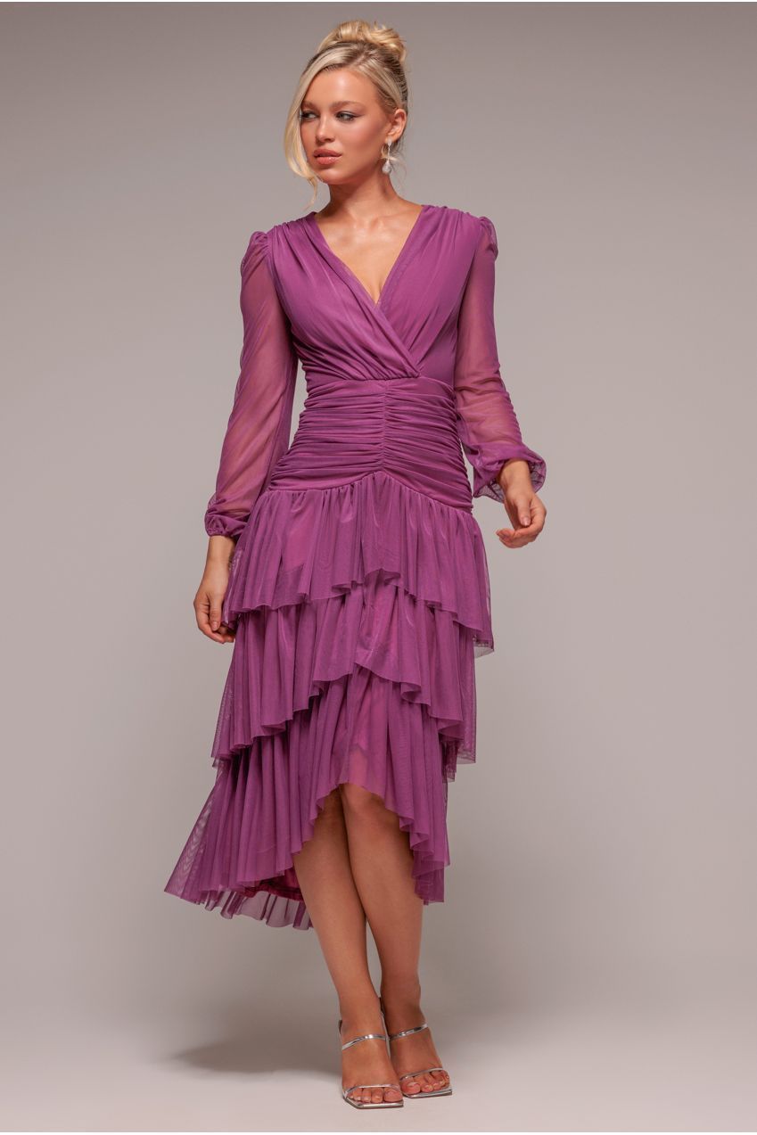 Goddiva Gathered High & Low Tiered Midaxi Dress