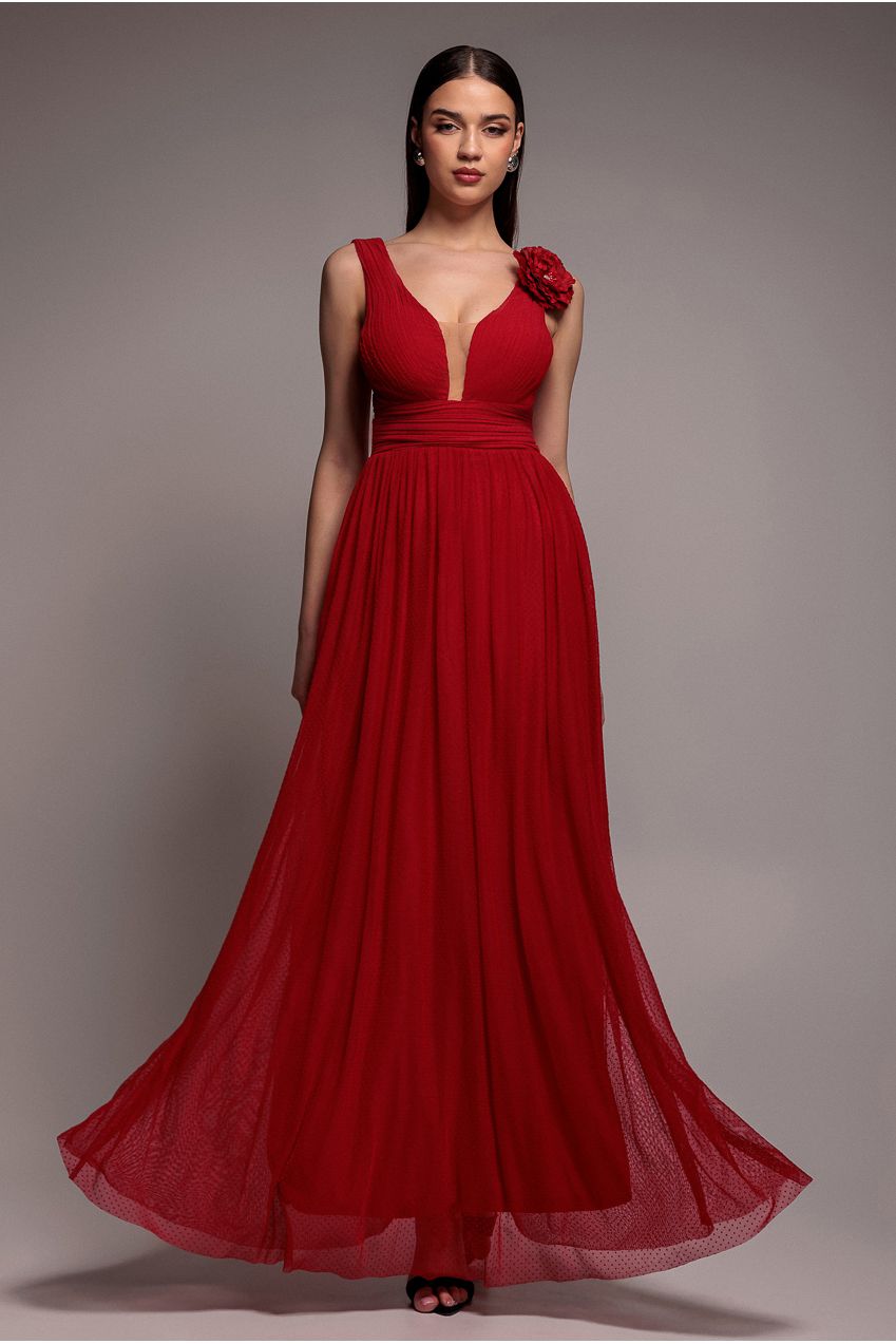 Goddiva Sleeveless Pleated Dobby Mesh Corsage Maxi Dress