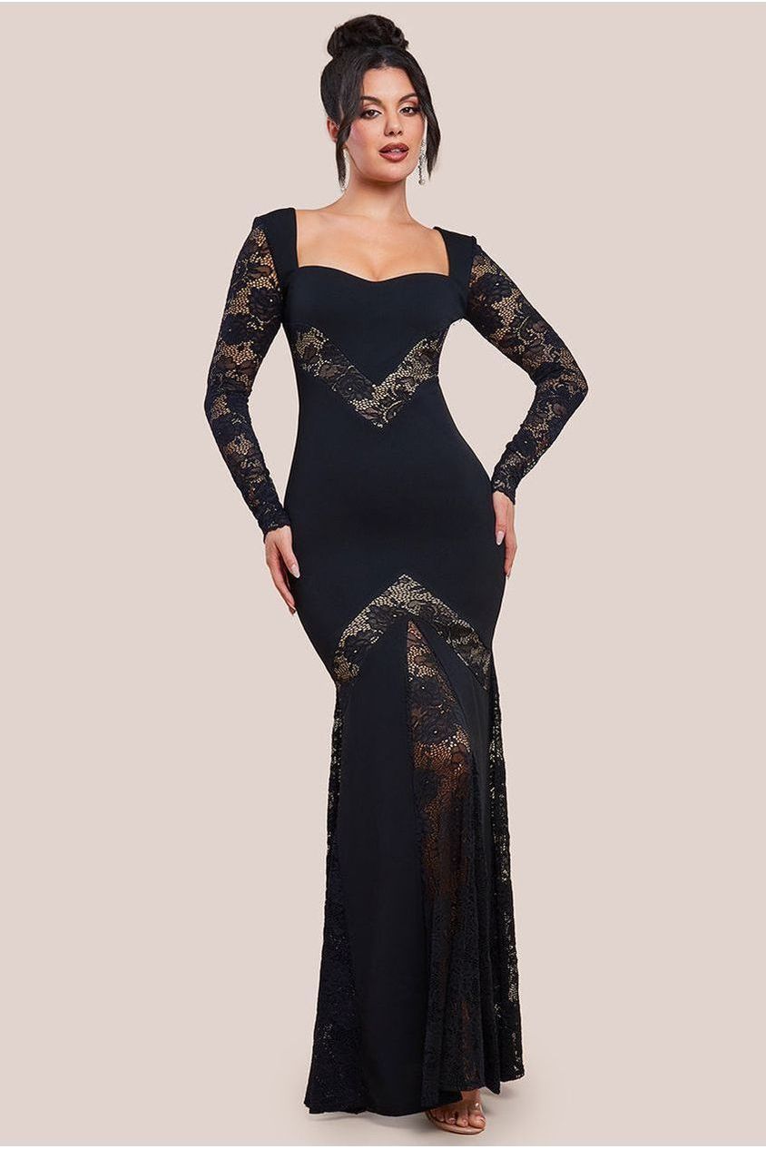 Goddiva Scuba & Lace Long Sleeve Maxi Dress
