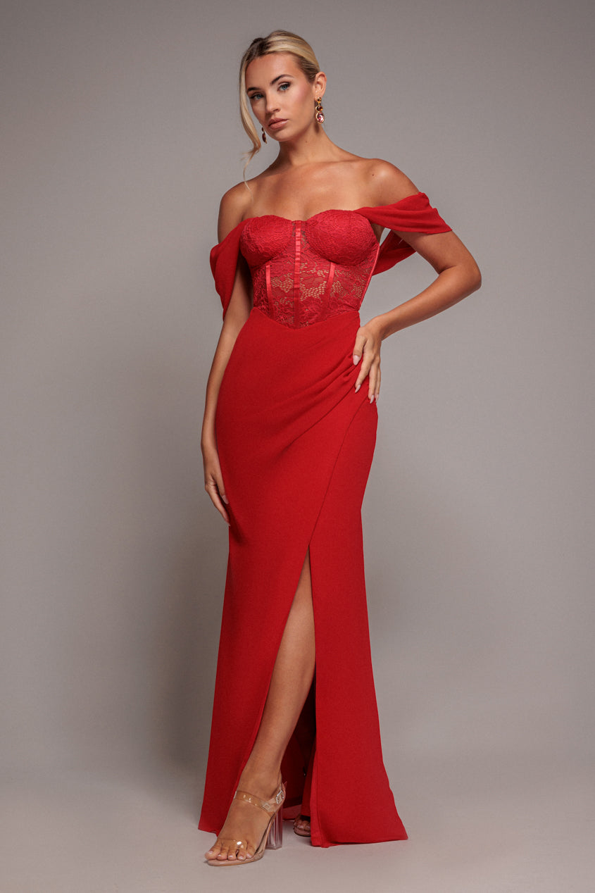 Goddiva Scalloped Lace & Chiffon Winged Corset Bodice Maxi Dress