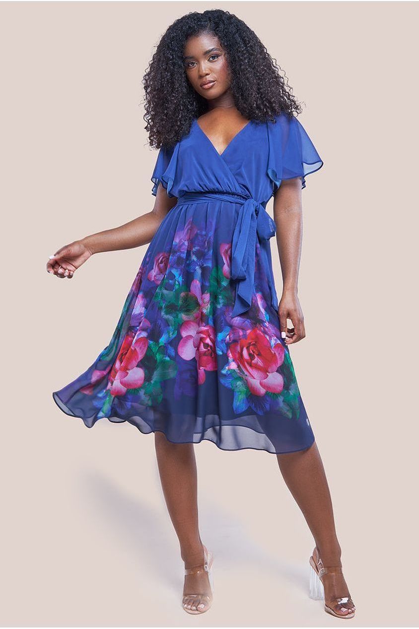 Goddiva Chiffon Floral Border Print Midi Dress