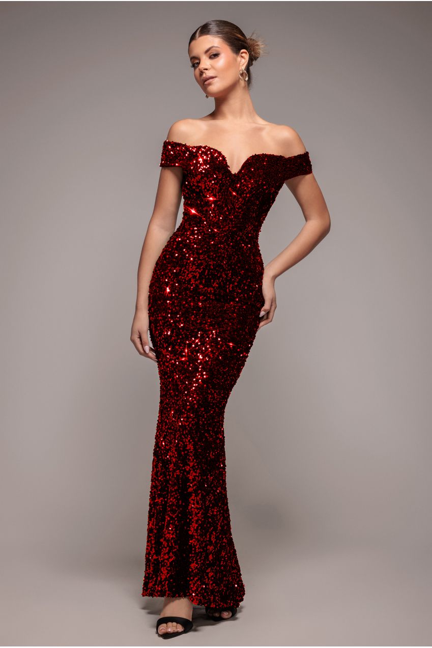Goddiva Sequin Velvet Bardot Evening Maxi Dress