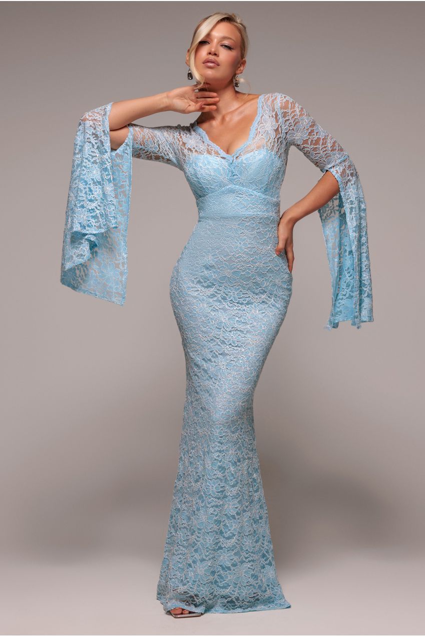 Goddiva Cape Sleeve Lace Mermaid Hem Maxi Dress