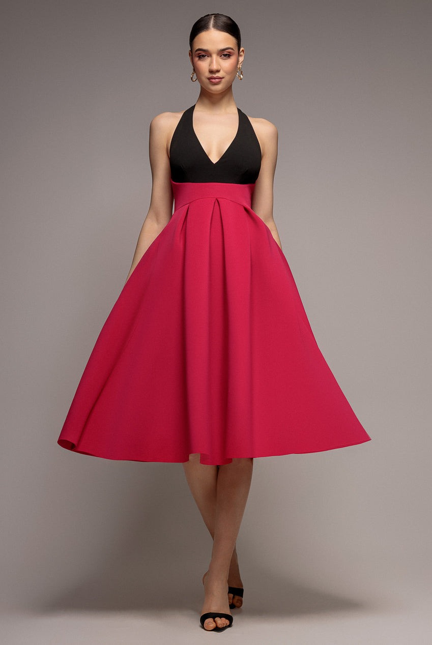 Goddiva Contrast Halter Neck Pleated A-Line Midaxi Dress